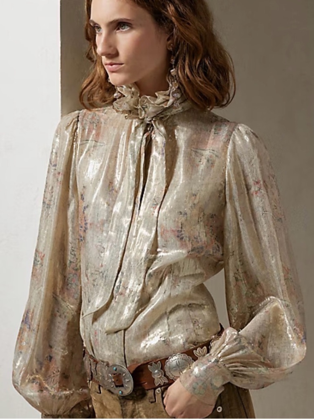 Ralph Lauren Collection Kalen Metallic Tapestry Dream-Print Ruffle Collared Top